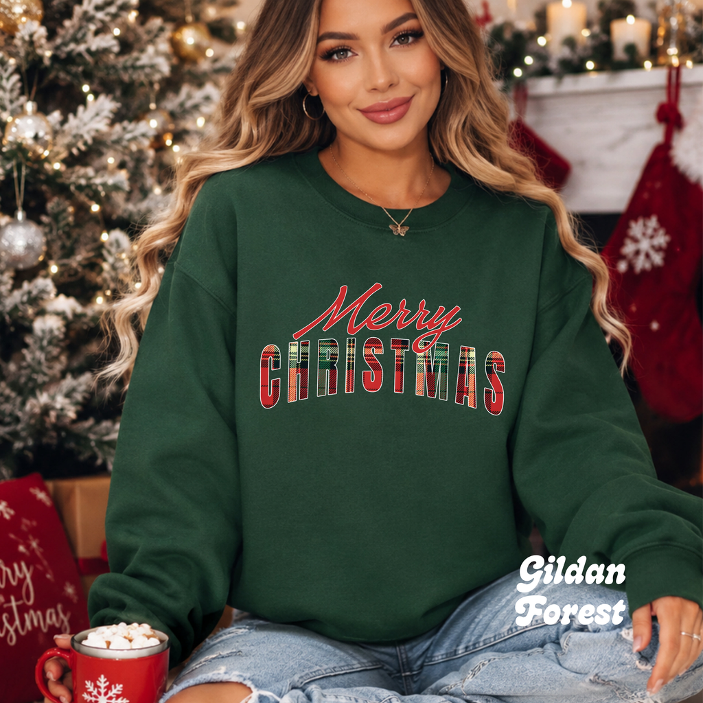 Merry Christmas Sweatshirt, Plaid Christmas Sweater, Buffalo Plaid Holiday Crewneck, Cozy Xmas Shirt, Women's Christmas Gift