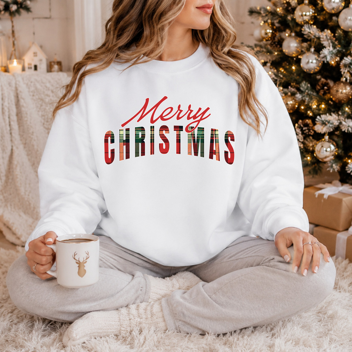 Merry Christmas Sweatshirt, Plaid Christmas Sweater, Buffalo Plaid Holiday Crewneck, Cozy Xmas Shirt, Women's Christmas Gift