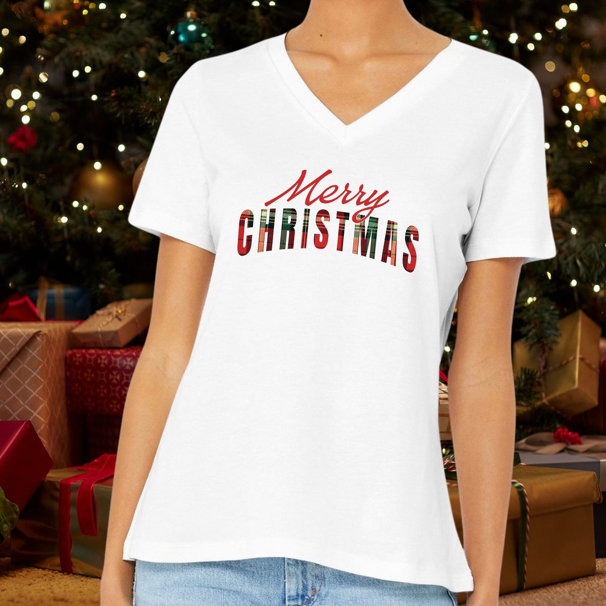 Merry Christmas V-Neck Shirt, Plaid Christmas Tee, Buffalo Plaid Holiday T-Shirt, Women's Christmas Top, Cute Xmas Gift for Her, Party Tee