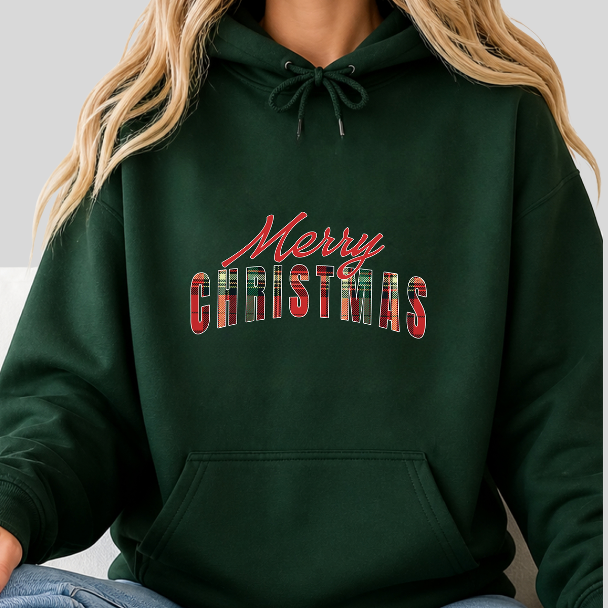 Merry Christmas Hoodie, Plaid Christmas Sweatshirt, Buffalo Plaid Holiday Hoodie, Cozy Xmas Pullover Hoodie, Women's Christmas Gift for Her