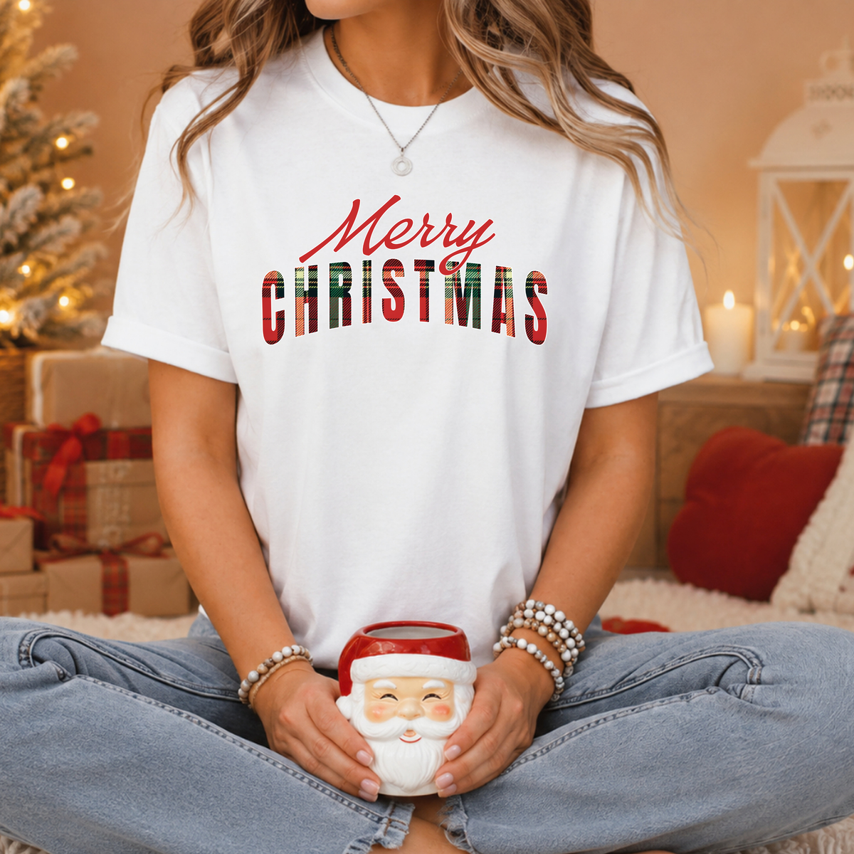 Comfort Color Merry Christmas T-Shirt, Buffalo Plaid Holiday T-Shirt, Women's Xmas Graphic Tee, Cute Christmas Gift for Her, Family Shirt