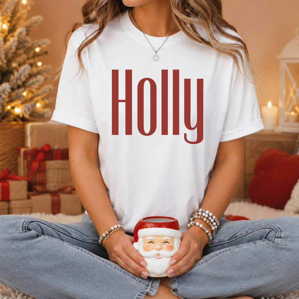 Holly Christmas Gildan TShirt, Red Holly Crewneck, Retro Holiday Top, Girl Christmas Shirt, Cozy Winter Crew Neck, Xmas Gift for Her