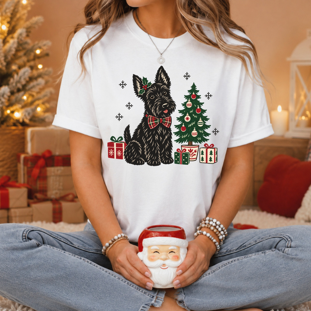 Scottie Dog Christmas Shirt, Scottish Terrier Holiday Tee, Dog Lover Gift, Cute Christmas Tree Present Graphic Tee, Womens Xmas Top