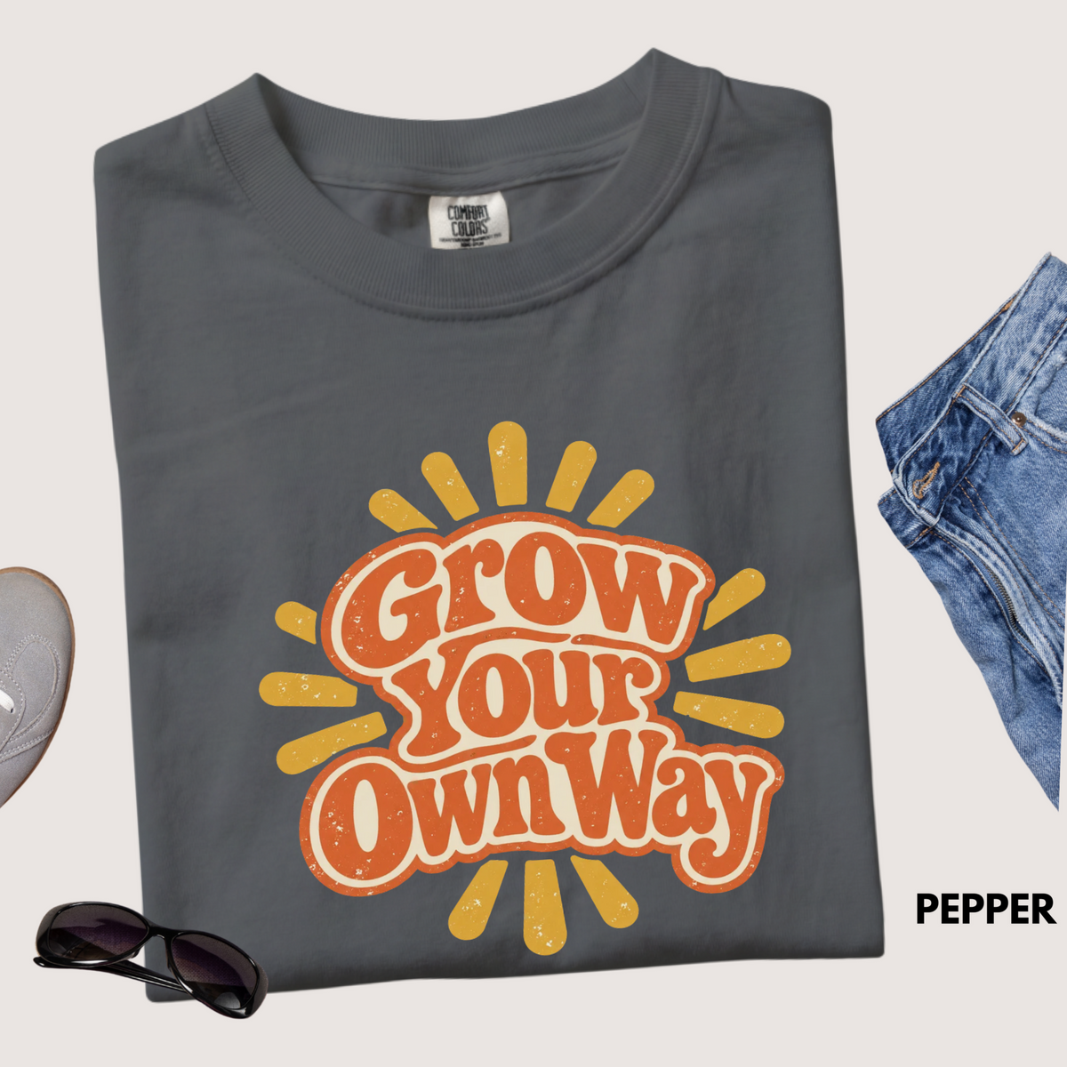 Comfort Color Grow Your Own Way Shirt, Retro Sunburst Graphic Tee, Boho Motivational T-Shirt, Positive Vibes Gift for Her, Inspirational