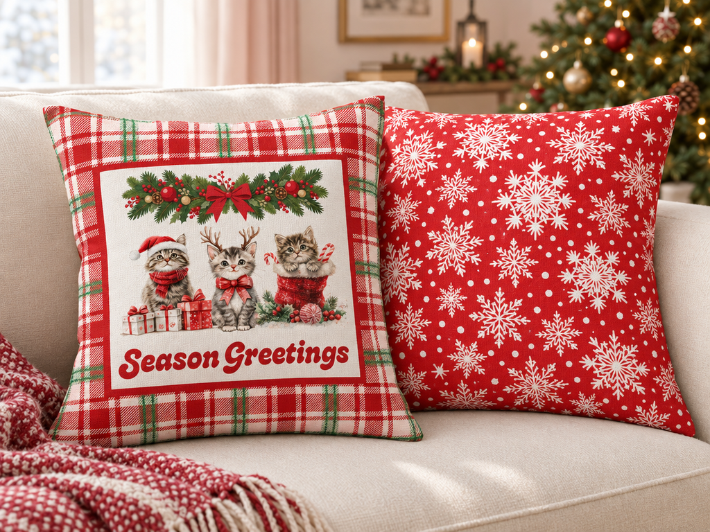 Christmas Kittens Pillow Cover, Cute Cat Holiday Throw Pillow, Red Plaid Snowflake Reversible Cover, Season Greetings Cat Lover Gift