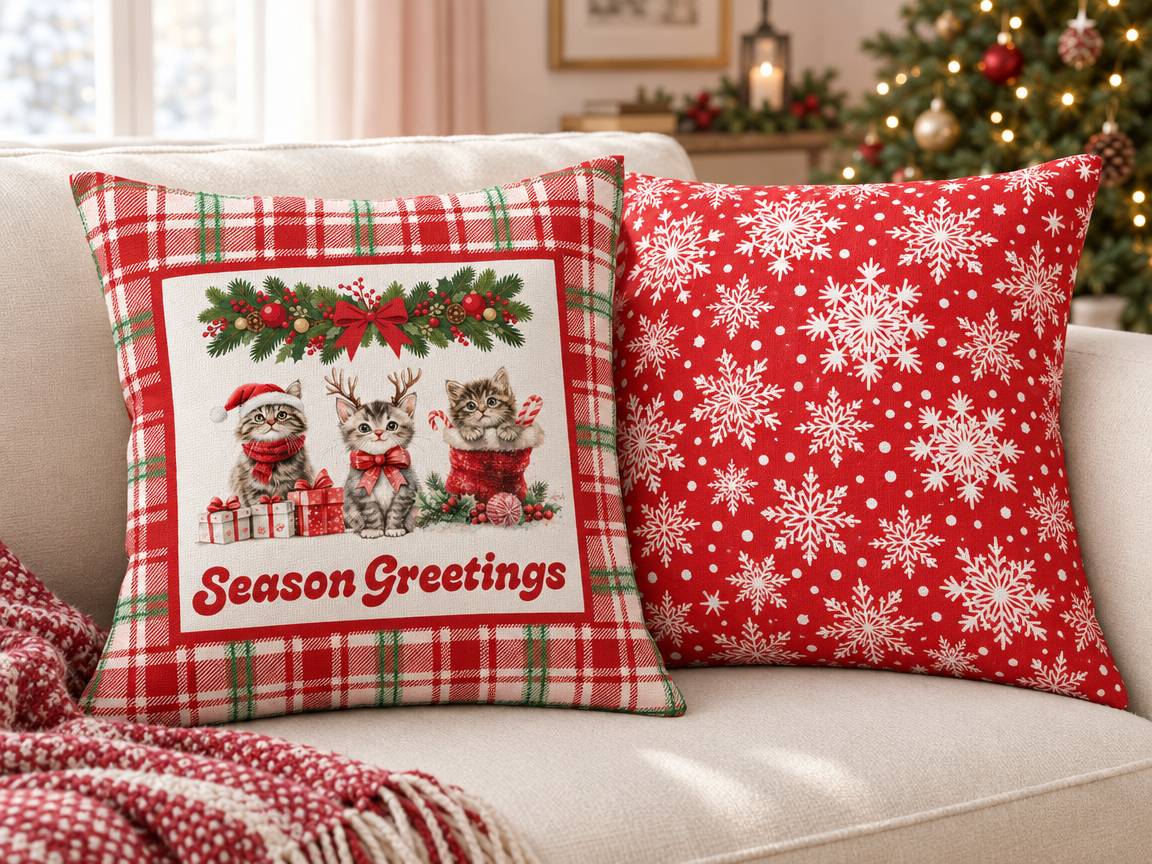 Christmas Kittens Pillow Cover, Cute Cat Holiday Throw Pillow, Red Plaid Snowflake Reversible Cover, Season Greetings Cat Lover Gift