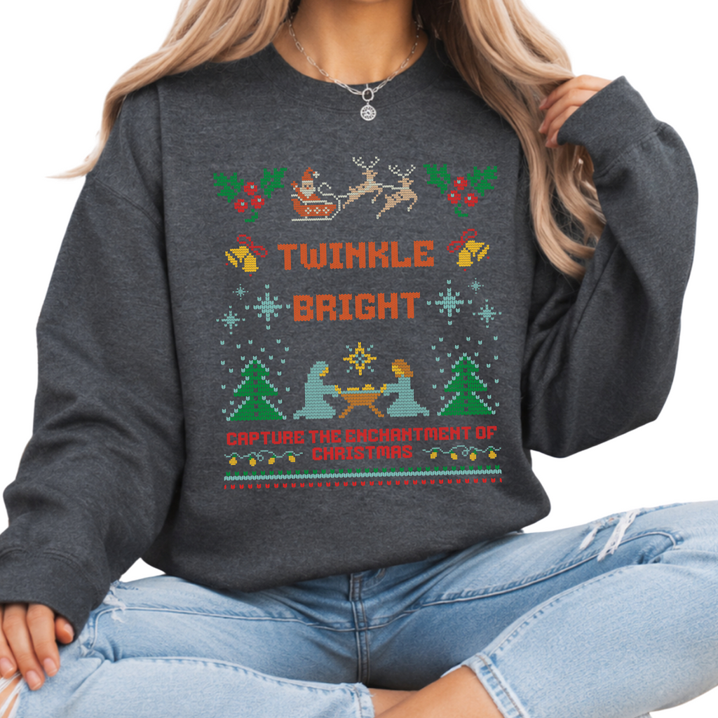 Nativity Christmas Sweatshirt, Twinkle Bright Ugly Christmas Sweater Style, Faux Cross Stitch Santa Reindeer Holiday Crewneck Gift
