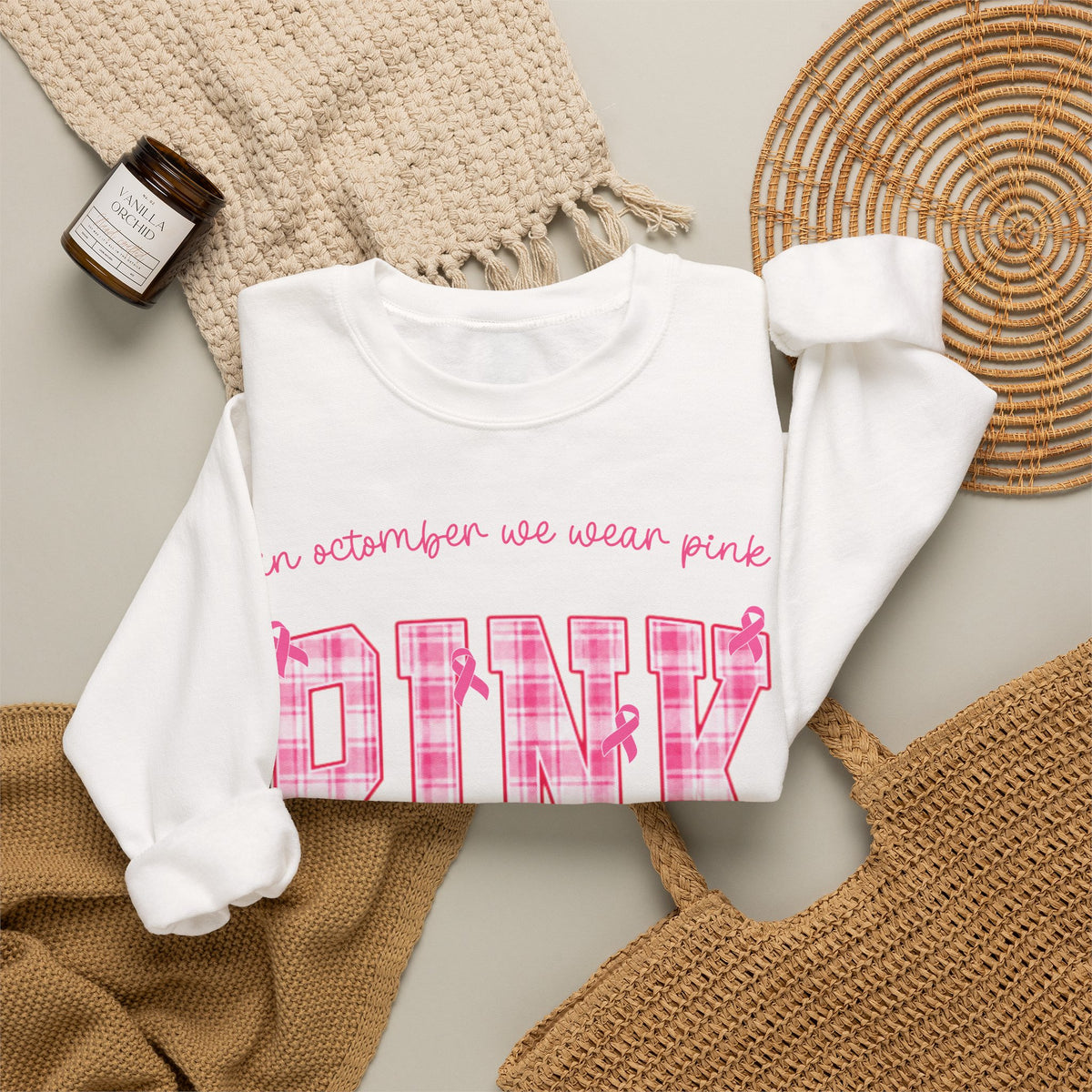 In October We Wear Pink Sweatshirt, Breast Cancer Awareness Top, Pink Plaid Design, Survivor Support Shirt, Pink Ribbon Top