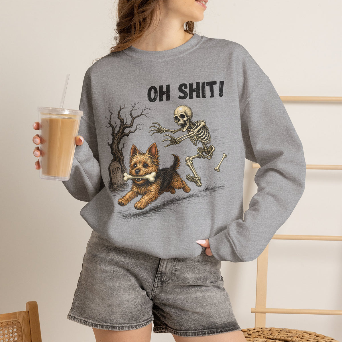 OH SHIT! Funny Skeleton Halloween Sweatshirt, Yorkie Terrier Dog Lover Shirt, Funny Fall Sweatshirt, Halloween Dog Mom Gift, Trick Treat