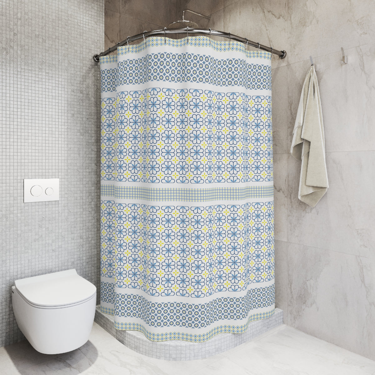 Moroccan Tile Shower Curtain, Blue Yellow Geometric Bathroom Decor, Mediterranean Boho Bath, Blue Mosaic Print, Farmhouse Bathroom