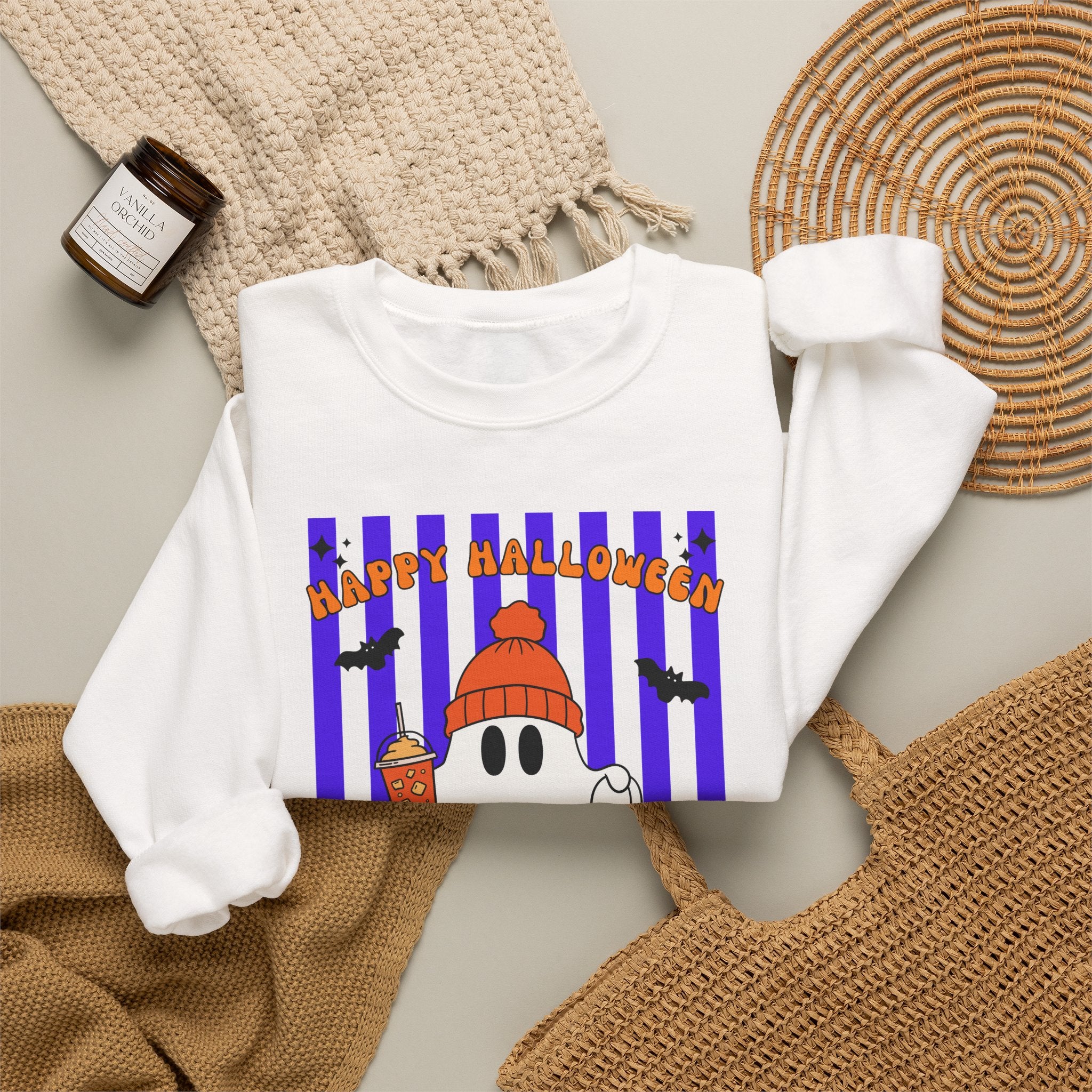 Boo Ghost Halloween Sweatshirt, Cute Ghost Pumpkin Striped Crewneck, Witch Hat Ghost Shirt, Fall Halloween Sweater, Halloween Gift