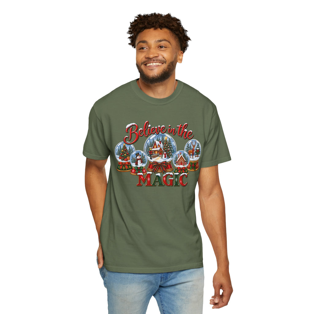 Comfort Colors Believe in the Magic Snow Globe Christmas T-shirt | Holiday Santa Village Design