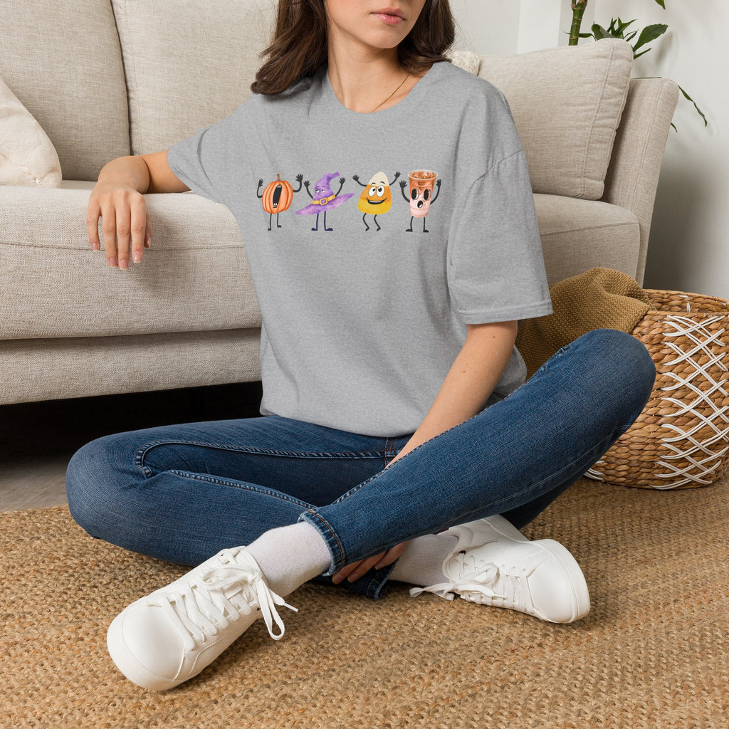 Halloween Women T-shirt Dancing Pumpkin Candy Corn Witch Hat Iced Coffee Crewneck Fall Fun Cute Halloween Party Shirt Gift