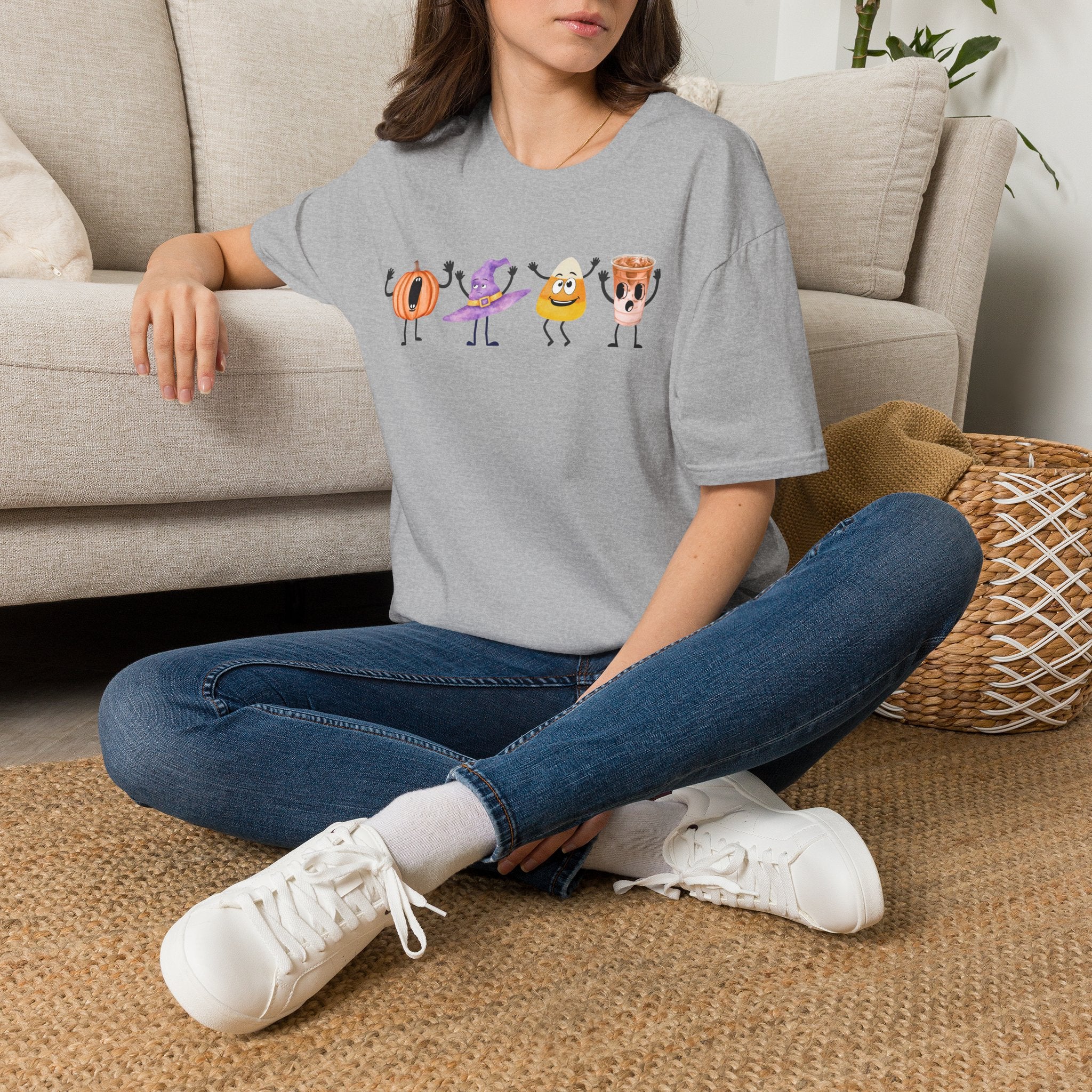 Halloween Women T-shirt Dancing Pumpkin Candy Corn Witch Hat Iced Coffee Crewneck Fall Fun Cute Halloween Party Shirt Gift