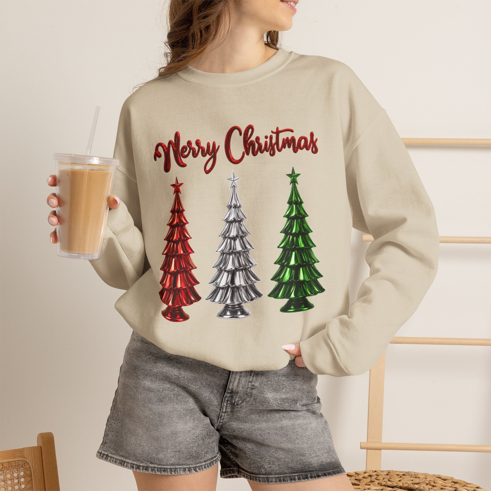 Merry Christmas Sweatshirt, Three Christmas Trees Shirt, Metallic Trees Sweater, Forest Green Christmas Crewneck, Holiday Gift for Her