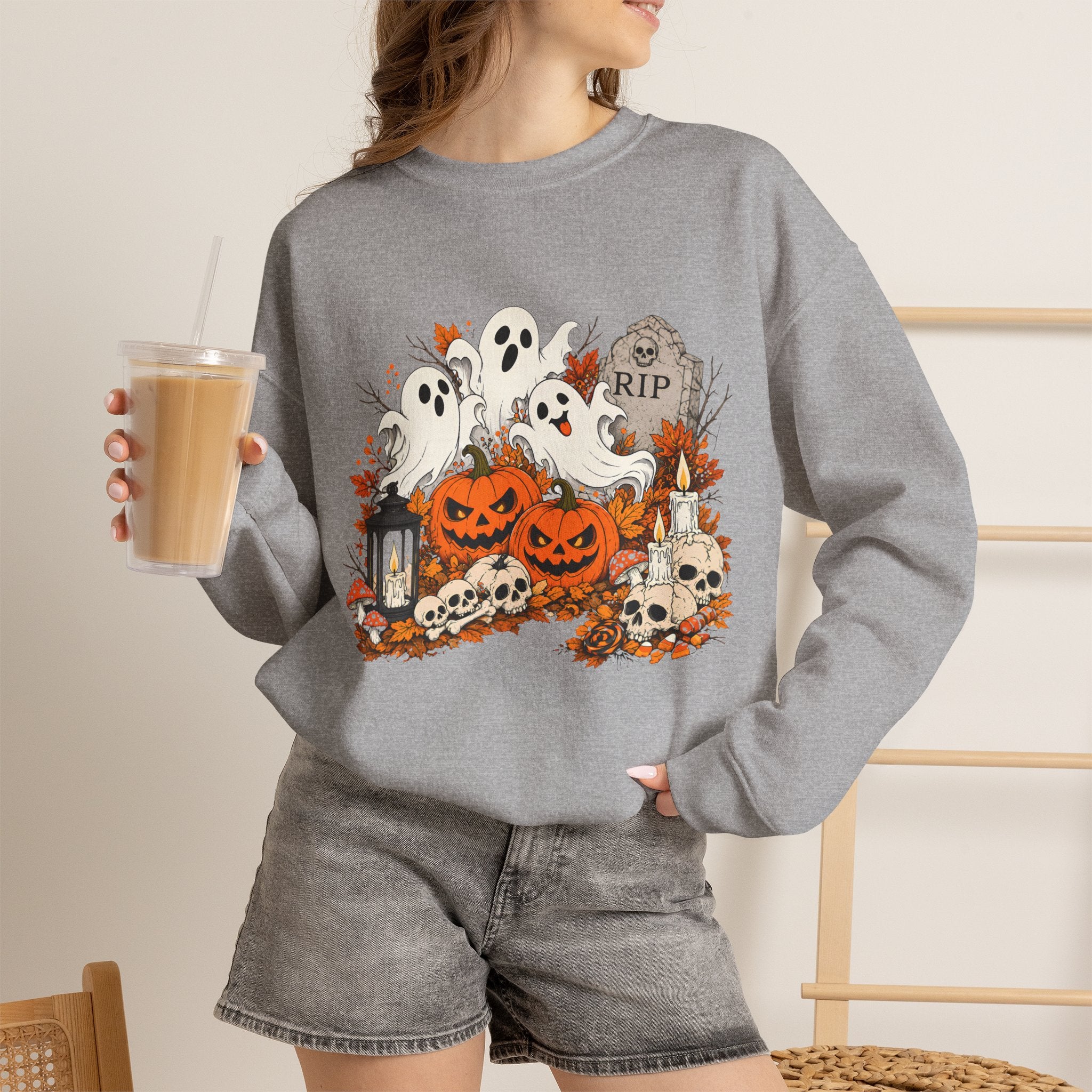 Halloween Ghost Pumpkin Sweatshirt, Spooky Graveyard Skull Crewneck, RIP Tombstone Ghost Sweater, Fall Halloween Shirt, Cute Ghost Gift