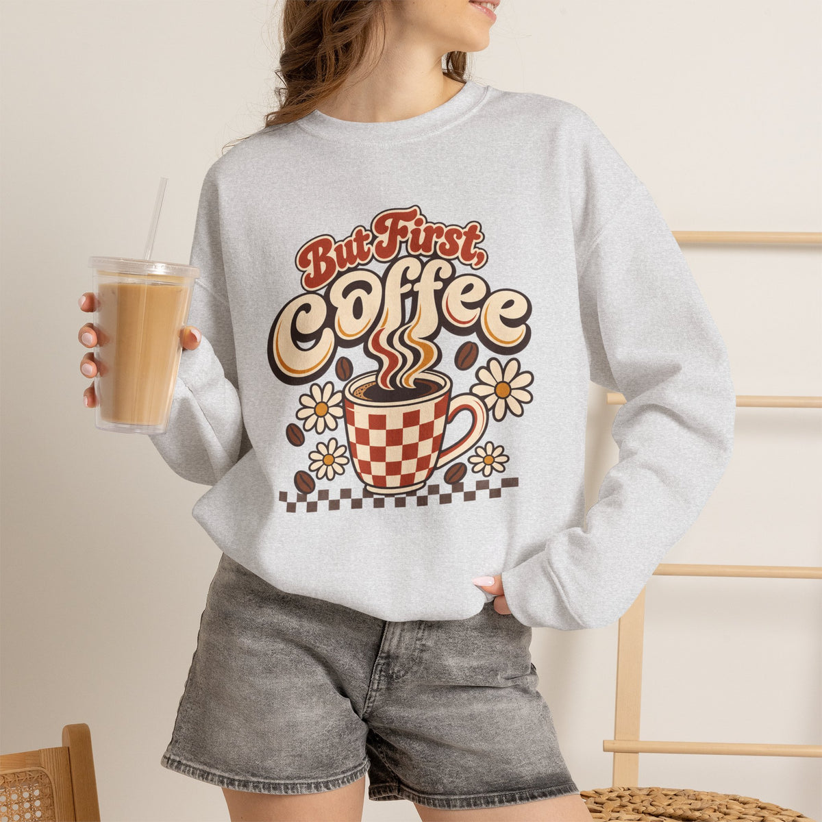 But First Coffee Shirt, Retro Checkered Mug Daisy Sweatshirt, Groovy Coffee Lover Tee, Trendy Coffee Shirt, Retro Floral Coffee Gift Shirt