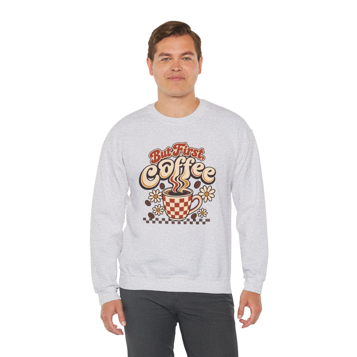 But First Coffee Shirt, Retro Checkered Mug Daisy Sweatshirt, Groovy Coffee Lover Tee, Trendy Coffee Shirt, Retro Floral Coffee Gift Shirt