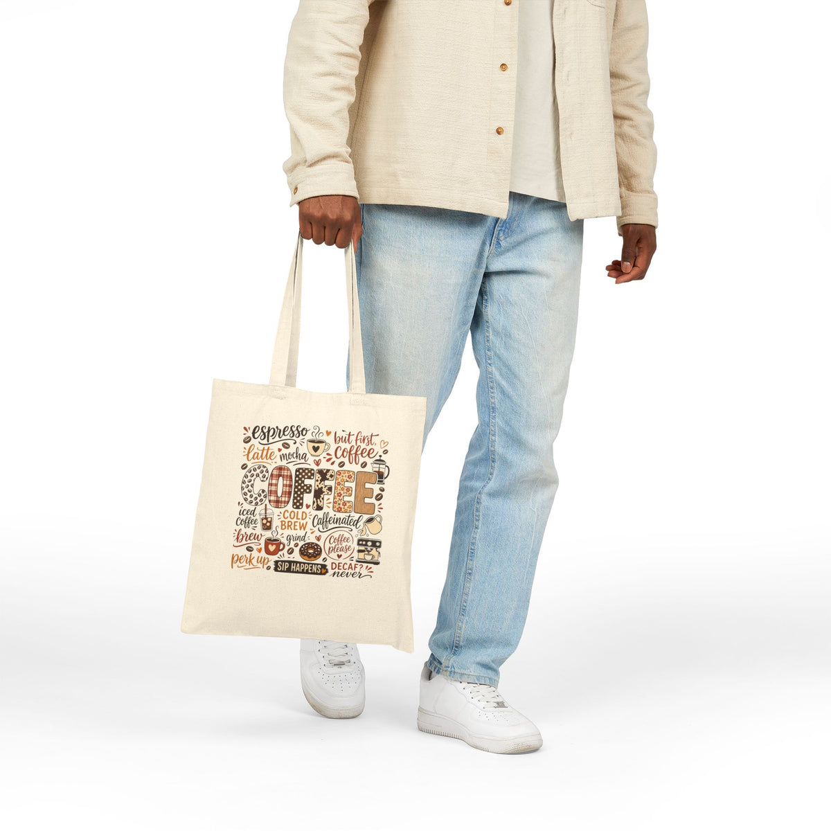 Coffee Typography Tote Bag, Coffee Lover Canvas Tote, Espresso Latte Cafe Design, Cute Coffee Bag Gift, Boho Coffee Tote for Her