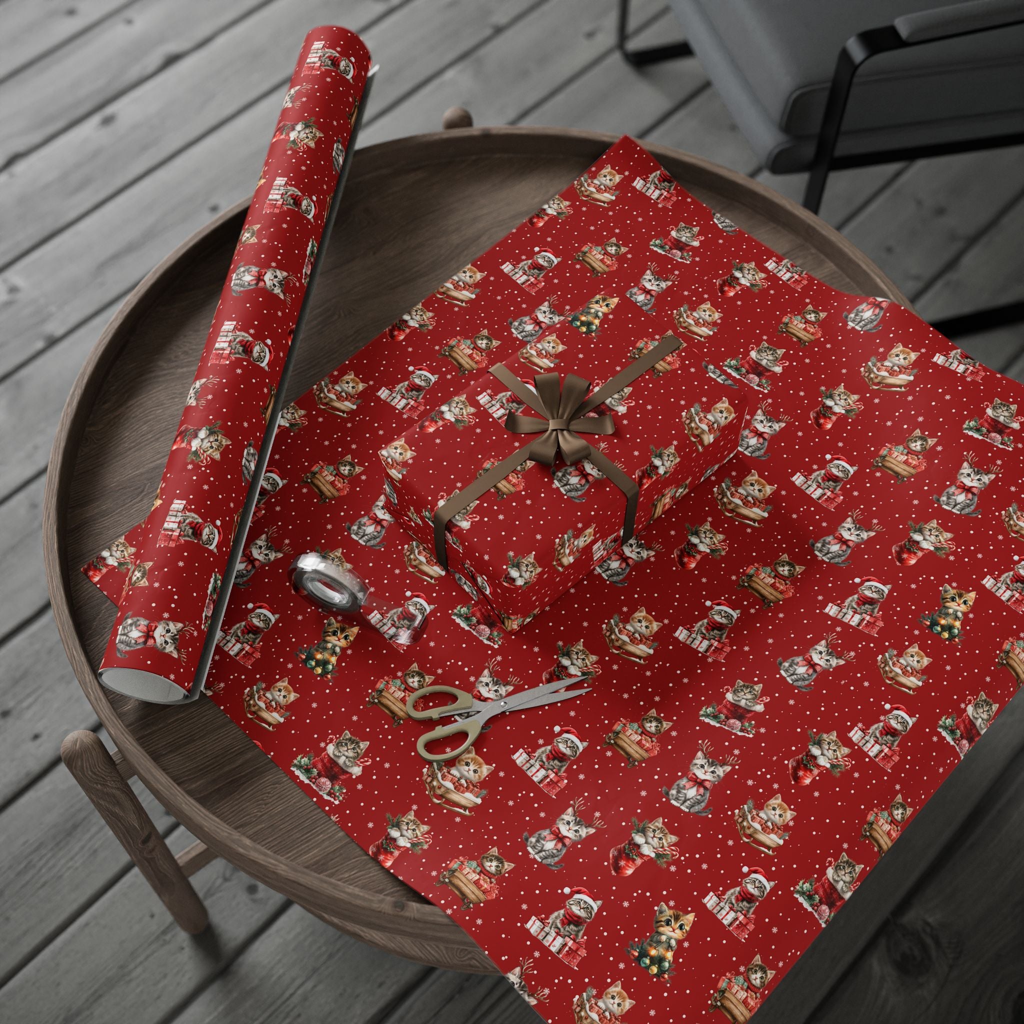 Christmas Cat Wrapping Paper, Red Kitten Gift Wrap, Cute Cat Lover Holiday Wrap, Vintage Christmas Kitty Wrapping Paper