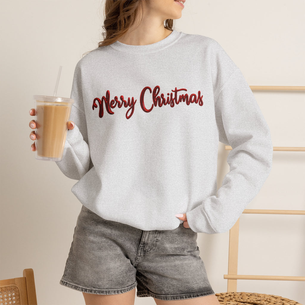 Merry Christmas Sweatshirt, Green Crewneck with Red Metallic Script Font, Christmas Shirt, Holiday Sweater, Xmas Gift for Her, Gift for Him