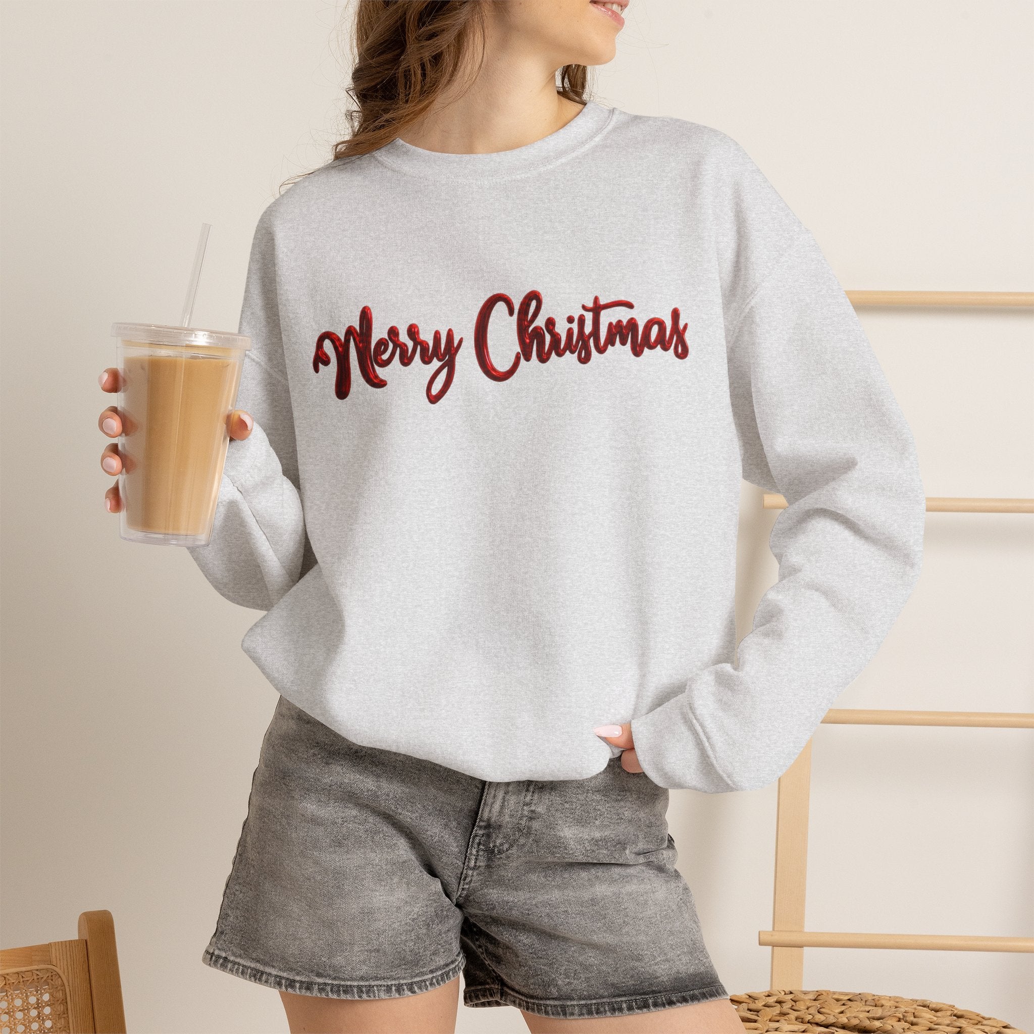 Merry Christmas Sweatshirt, Green Crewneck with Red Metallic Script Font, Christmas Shirt, Holiday Sweater, Xmas Gift for Her, Gift for Him