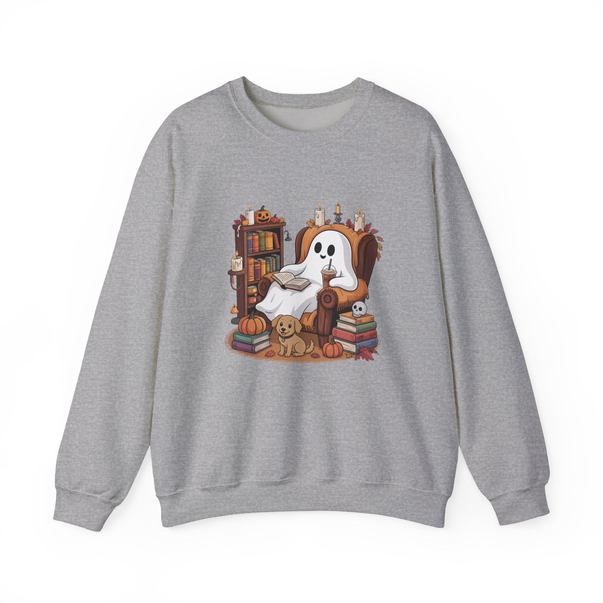 Cute Ghost Reading Books Sweatshirt, Cozy Fall Halloween Sweater, Ghost with Dog Pumpkins Shirt, Autumn Library Halloween Crewneck Gift
