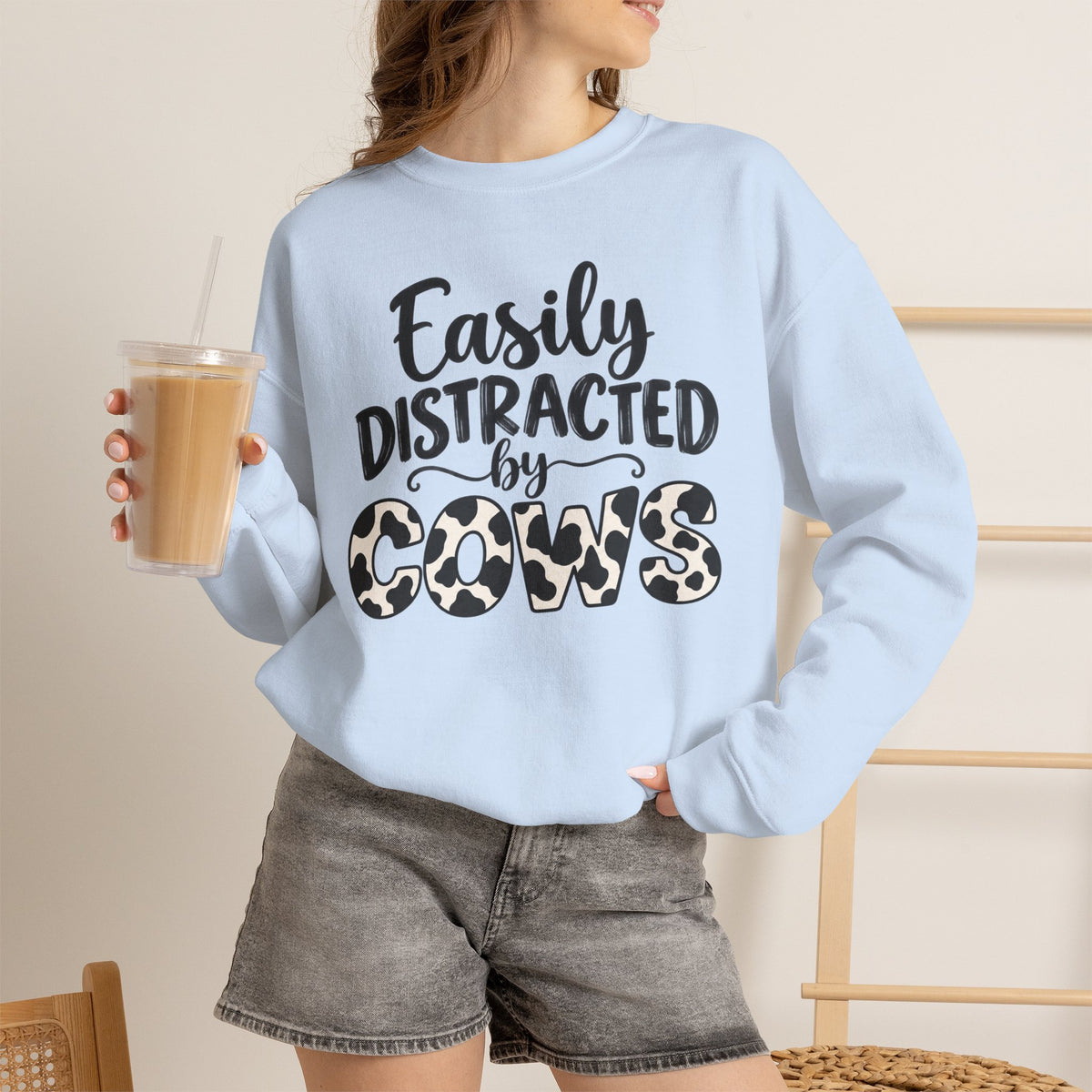 Easily Distracted By Cows Sweatshirt, Cow Print Crewneck, Funny Farm Shirt, Cow Lover Gift, Farm Life Sweater, Country Girl Pullover