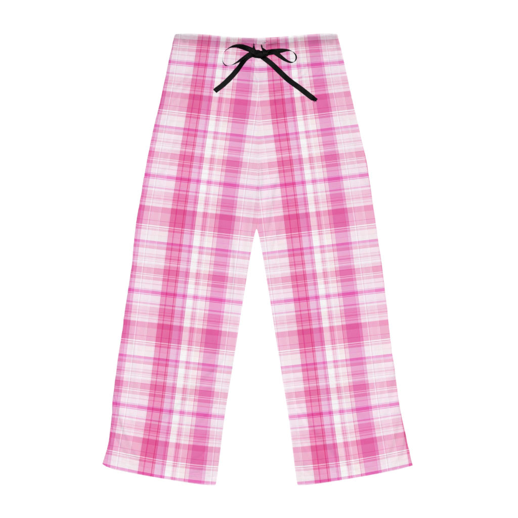 Pink Plaid Pajama Pants, Soft Polyester Lounge Wear