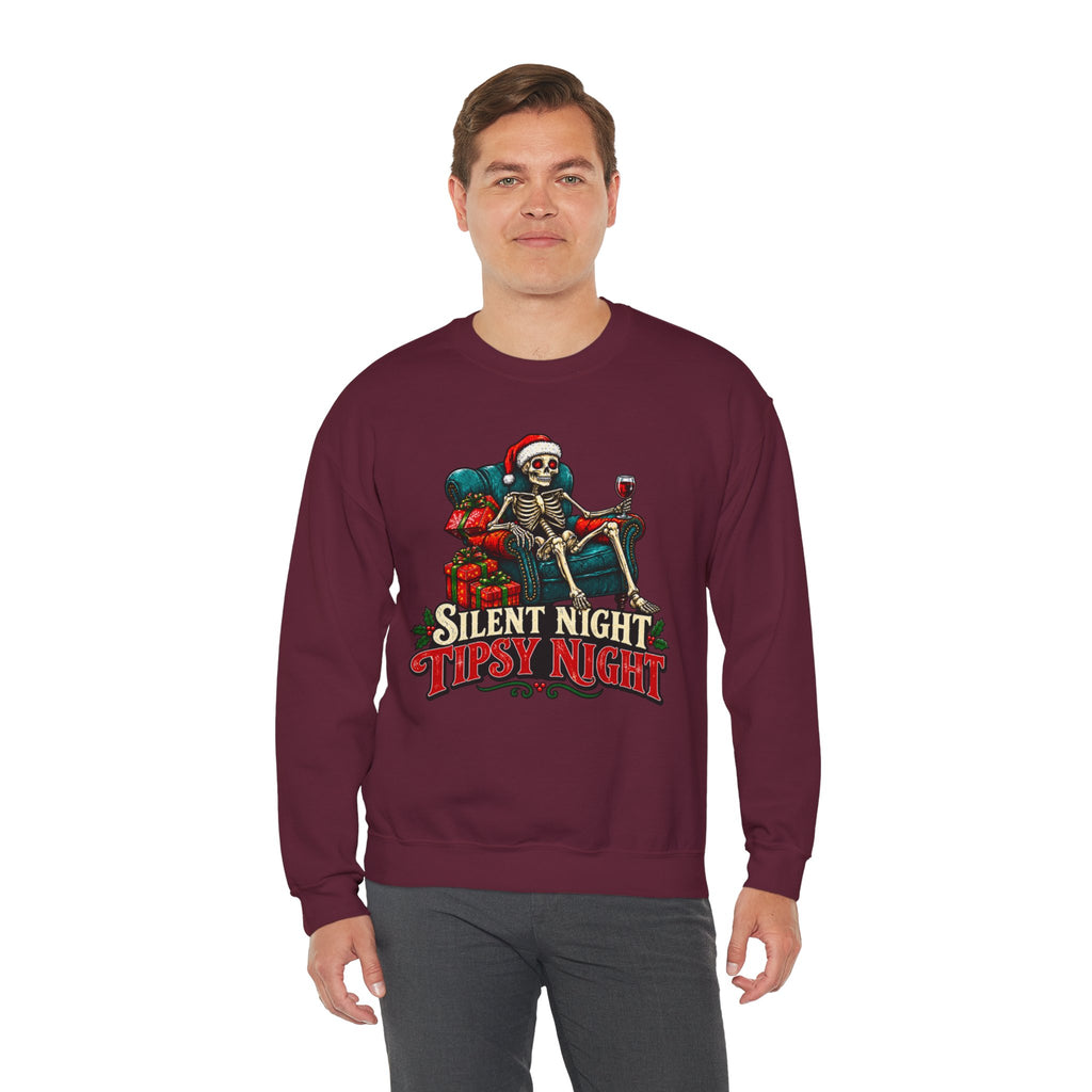 Christmas Skeleton Sweatshirt, Silent Night Tipsy Night Shirt, Funny Skeleton Santa Wine Sweatshirt, Skeleton Christmas Shirt, Holiday Tee