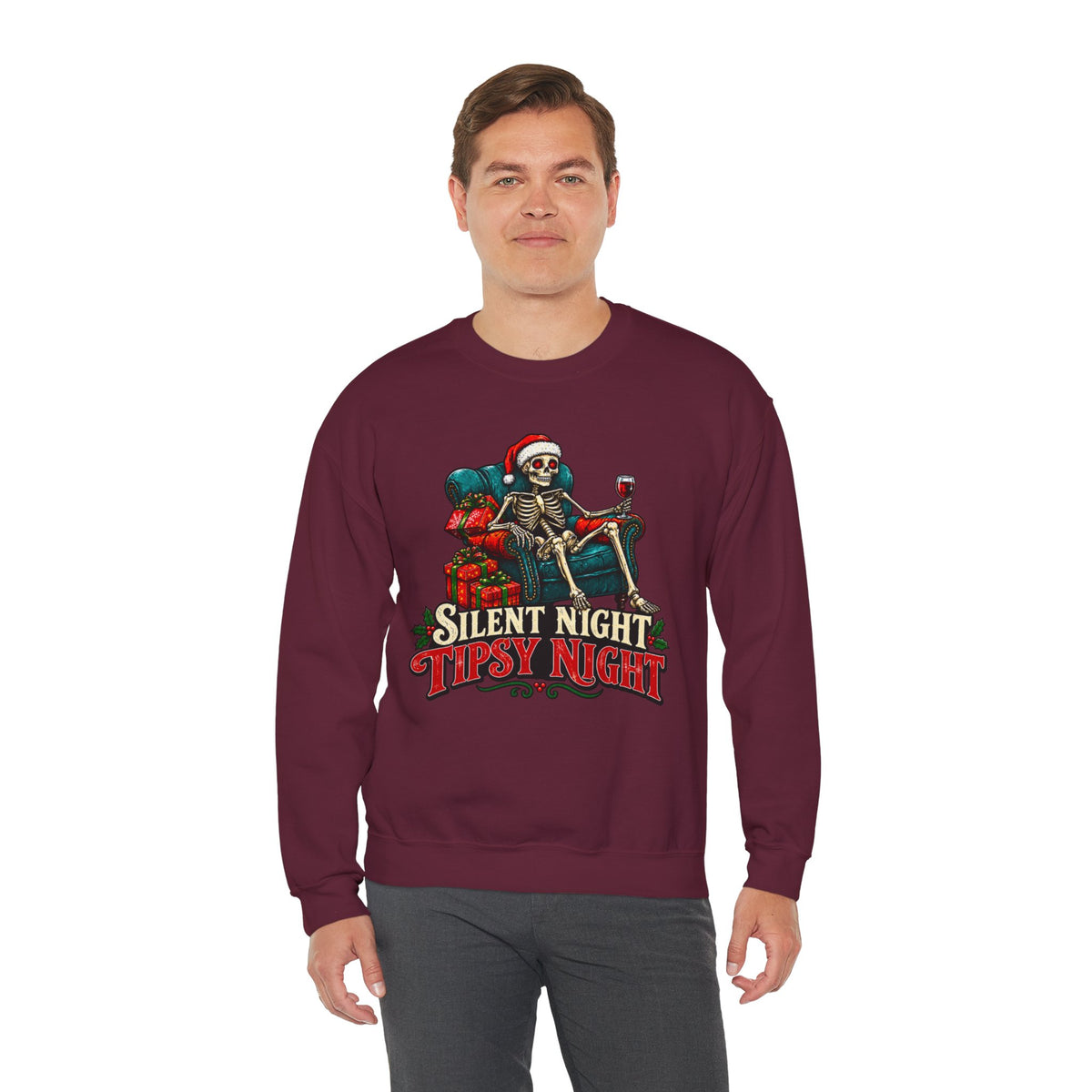 Christmas Skeleton Sweatshirt, Silent Night Tipsy Night Shirt, Funny Skeleton Santa Wine Sweatshirt, Skeleton Christmas Shirt, Holiday Tee