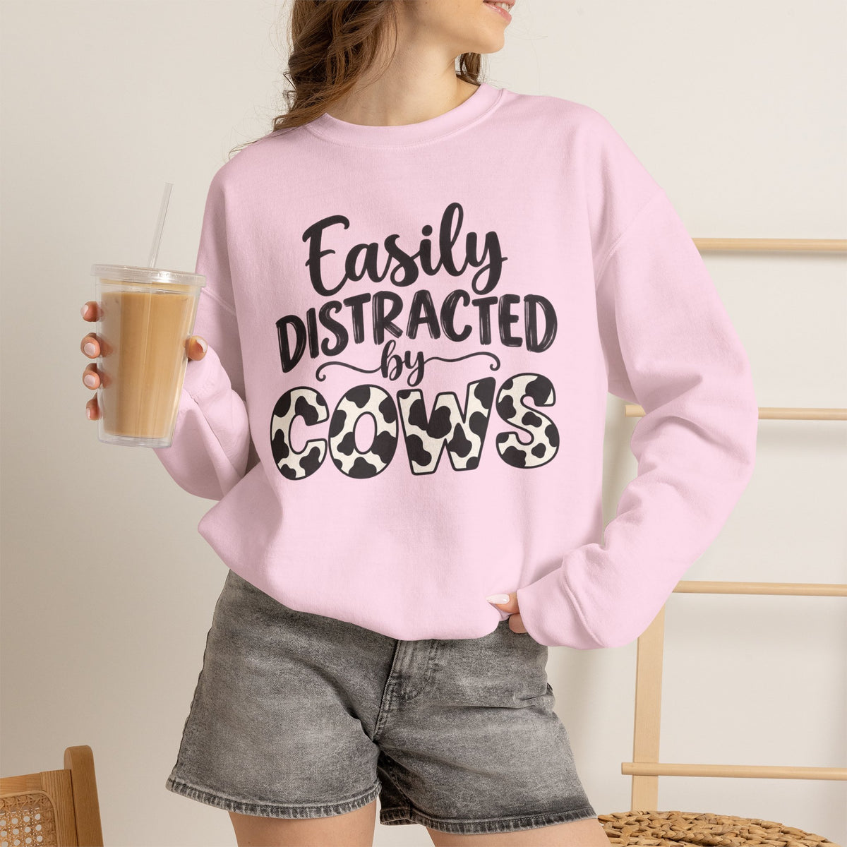 Easily Distracted By Cows Sweatshirt, Cow Print Crewneck, Funny Farm Shirt, Cow Lover Gift, Farm Life Sweater, Country Girl Pullover