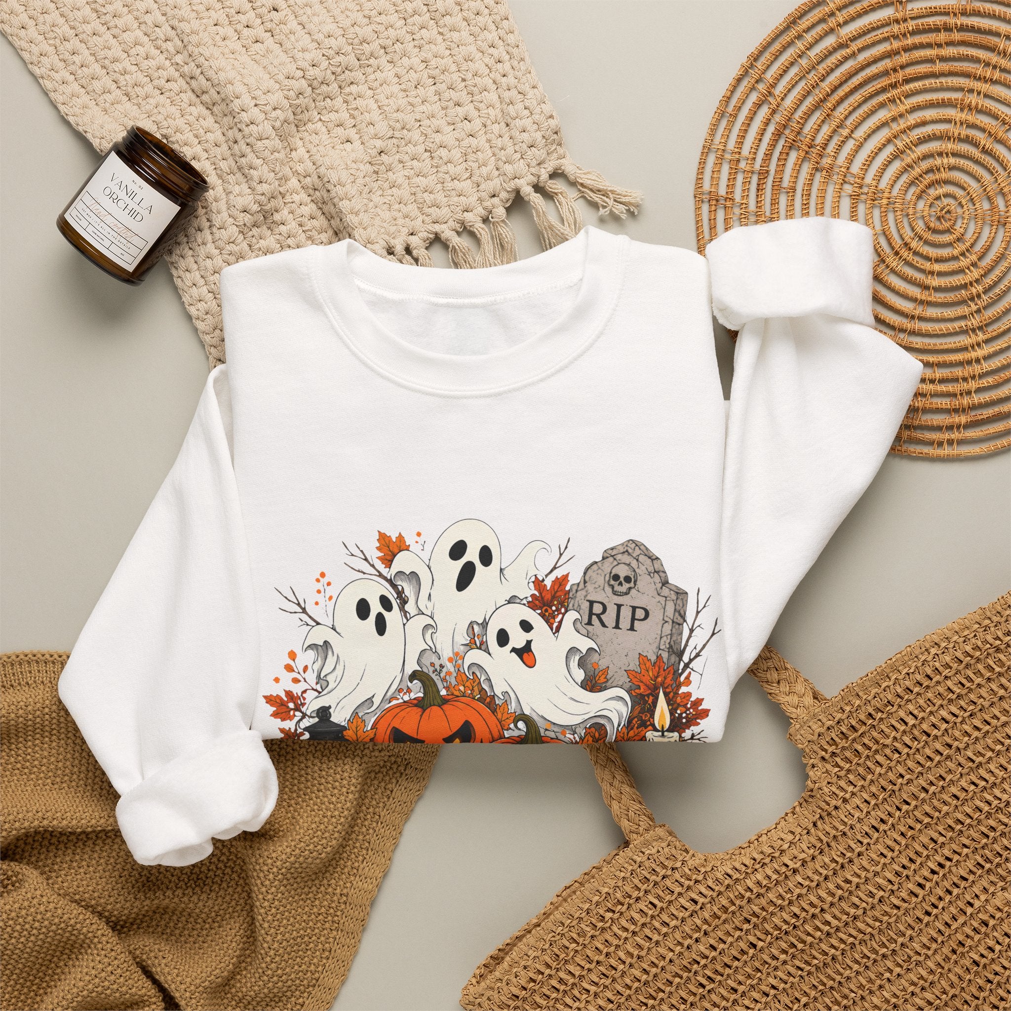 Halloween Ghost Pumpkin Sweatshirt, Spooky Graveyard Skull Crewneck, RIP Tombstone Ghost Sweater, Fall Halloween Shirt, Cute Ghost Gift
