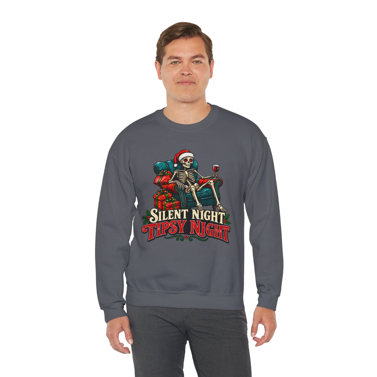 Christmas Skeleton Sweatshirt, Silent Night Tipsy Night Shirt, Funny Skeleton Santa Wine Sweatshirt, Skeleton Christmas Shirt, Holiday Tee