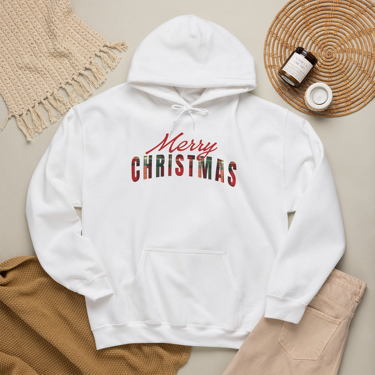 Merry Christmas Hoodie, Plaid Christmas Sweatshirt, Buffalo Plaid Holiday Hoodie, Cozy Xmas Pullover Hoodie, Women's Christmas Gift for Her