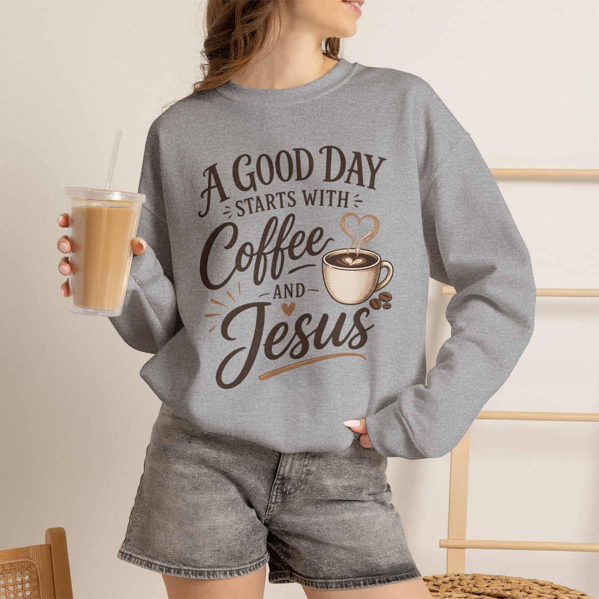 A Good Day Starts with Coffee and Jesus Shirt, Christian Coffee Sweatshirt, Faith Based Top, Religious Coffee Lover Gift, Women's Christian