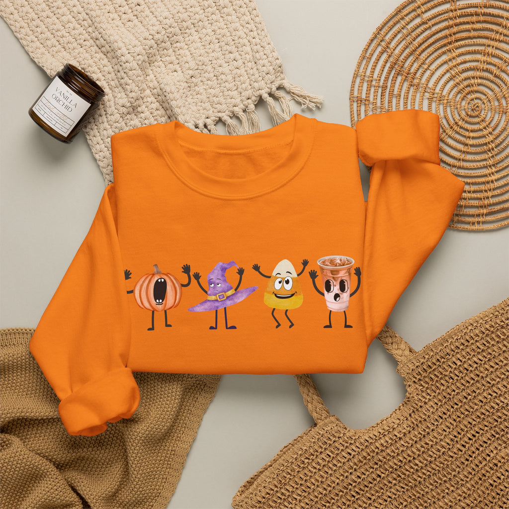 Halloween Sweatshirt Women Dancing Pumpkin Candy Corn Witch Hat Iced Coffee Crewneck Fall Fun Cute Halloween Party Shirt Gift