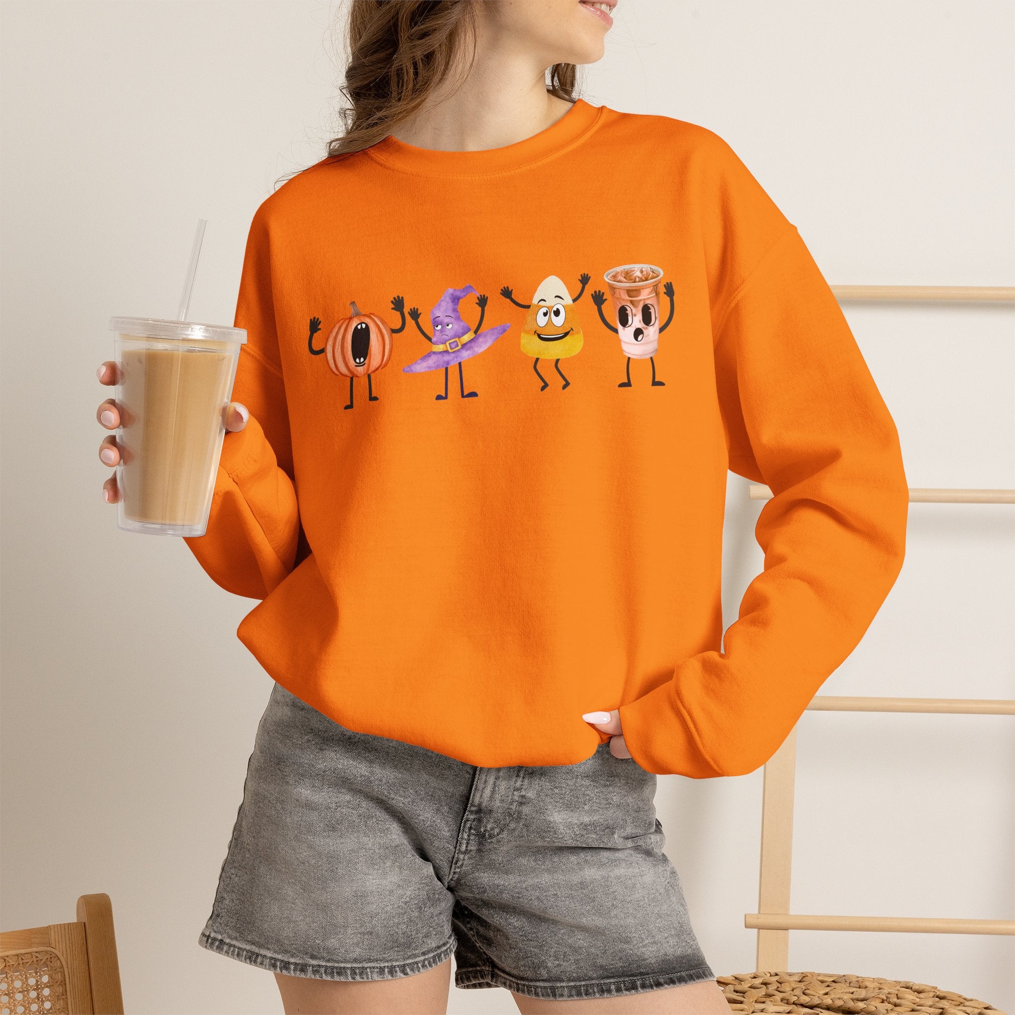 Halloween Sweatshirt Women Dancing Pumpkin Candy Corn Witch Hat Iced Coffee Crewneck Fall Fun Cute Halloween Party Shirt Gift