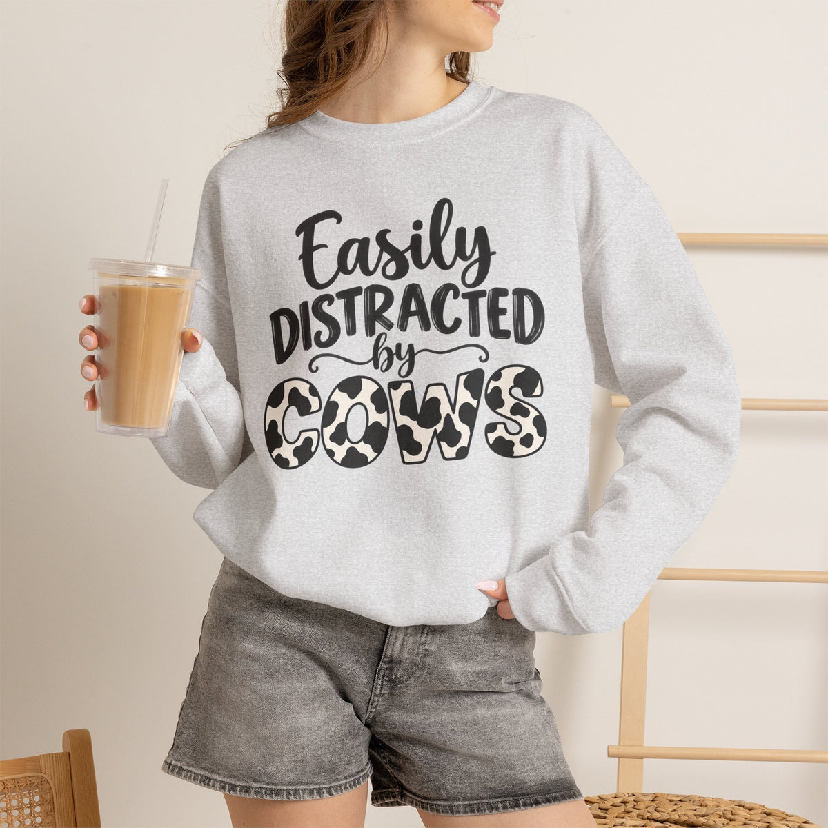 Easily Distracted By Cows Sweatshirt, Cow Print Crewneck, Funny Farm Shirt, Cow Lover Gift, Farm Life Sweater, Country Girl Pullover
