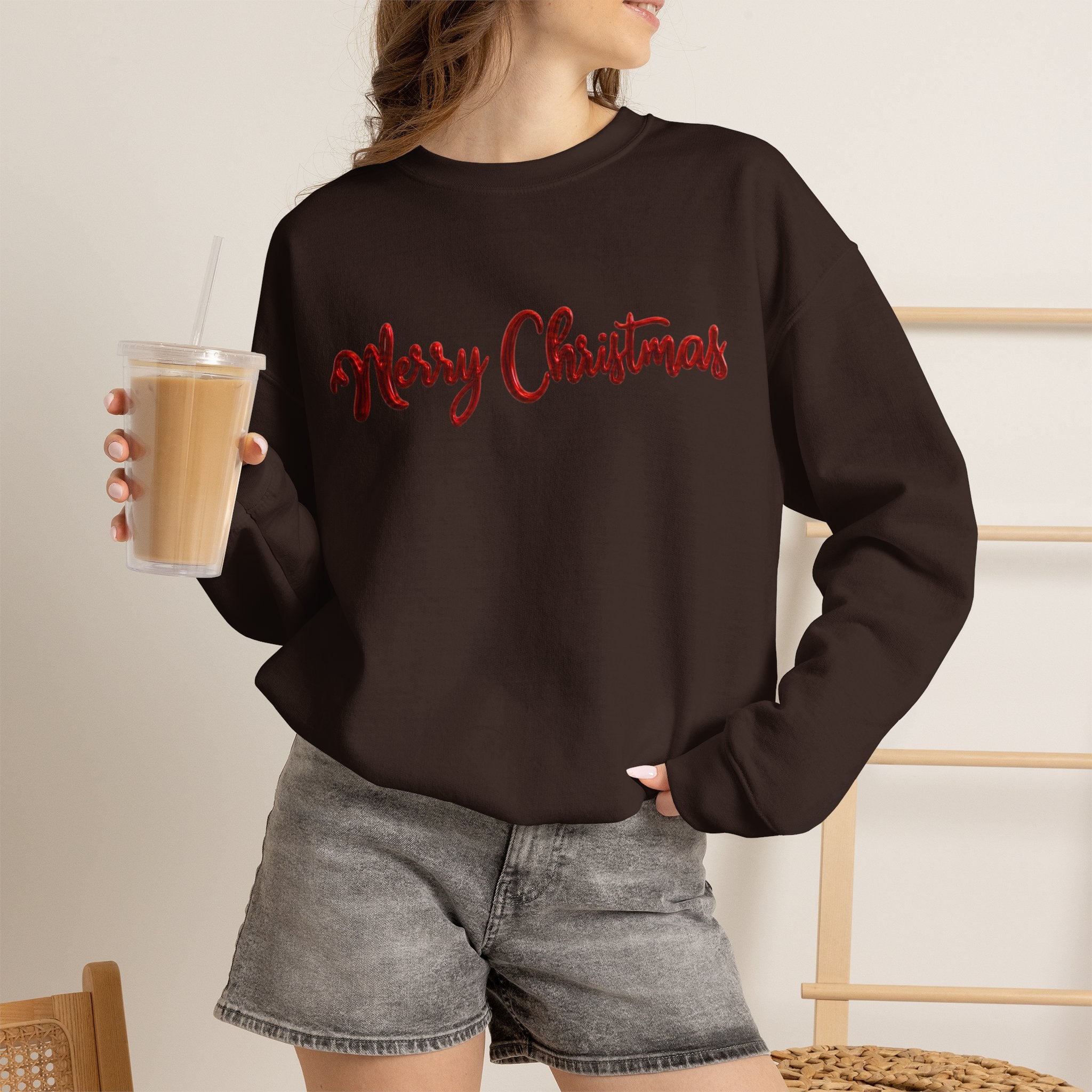 Merry Christmas Sweatshirt, Green Crewneck with Red Metallic Script Font, Christmas Shirt, Holiday Sweater, Xmas Gift for Her, Gift for Him