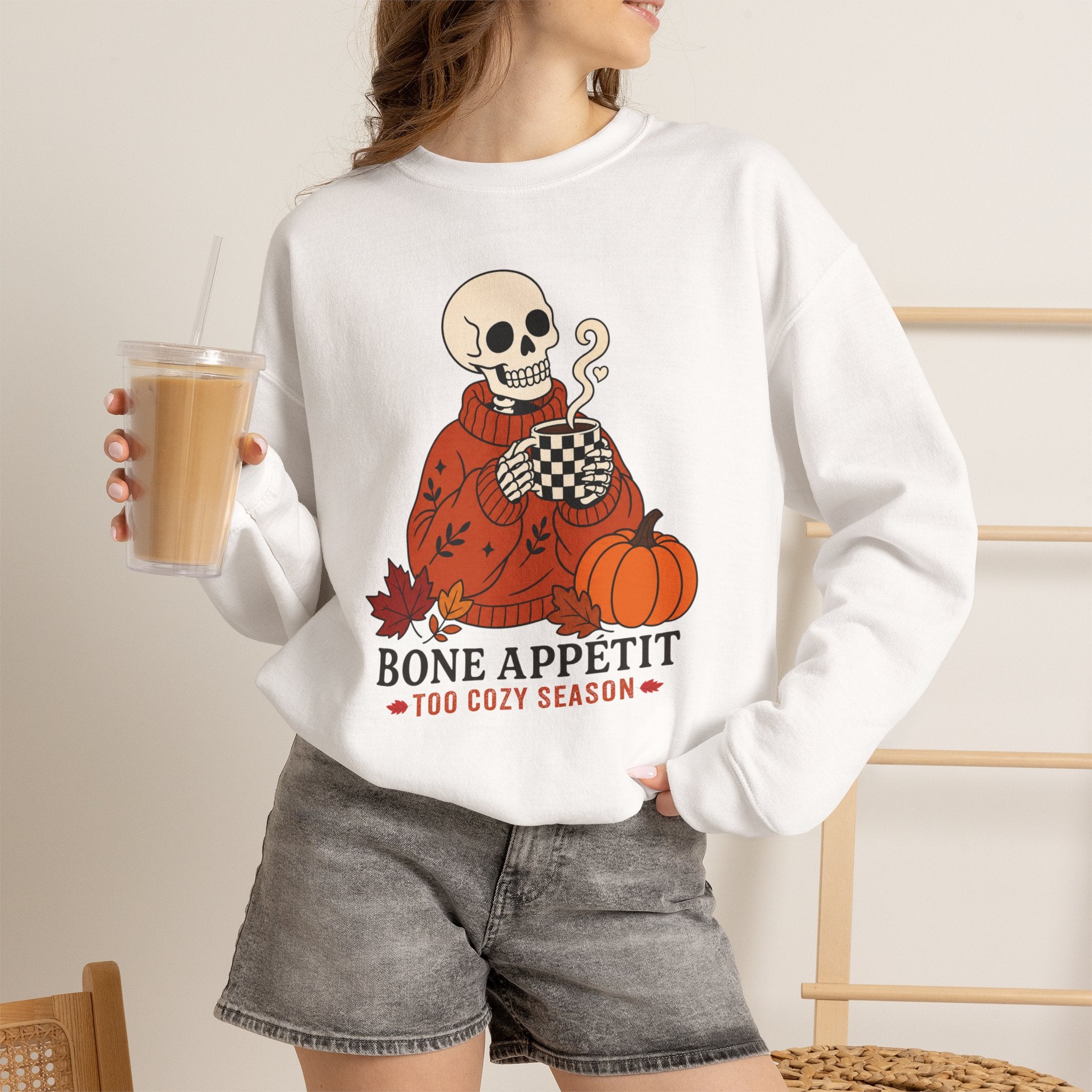 Bone Appetit Sweatshirt, Funny Skeleton Coffee Sweatshirt, Cozy Season Fall Sweater, Halloween Pumpkin Shirt, Skeleton Latte Sweatshirt