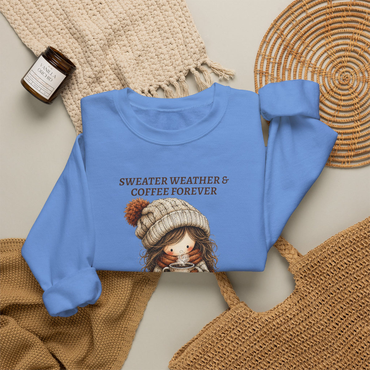 Sweater Weather & Coffee Forever Sweatshirt, Fall Girl Coffee Cup Shirt, Cozy Autumn Crewneck, Cute Boho Fall Vibes Tee, Coffee Lover Gift