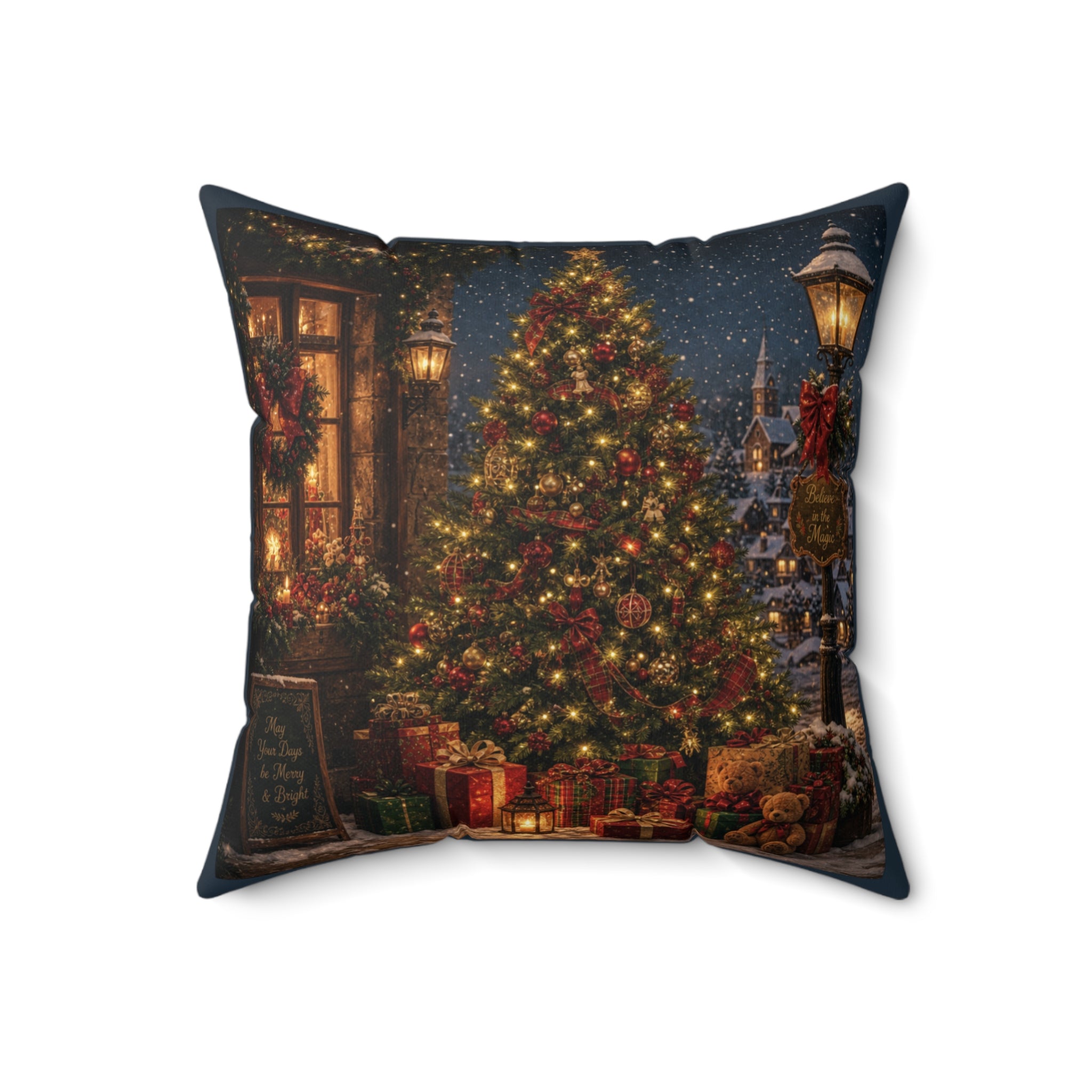 Christmas Tree Throw Pillow Cover, Vintage Holiday Village Night Scene Pillow Case, Nostalgic Xmas Decor, Cozy Winter Cushion Cover Gift