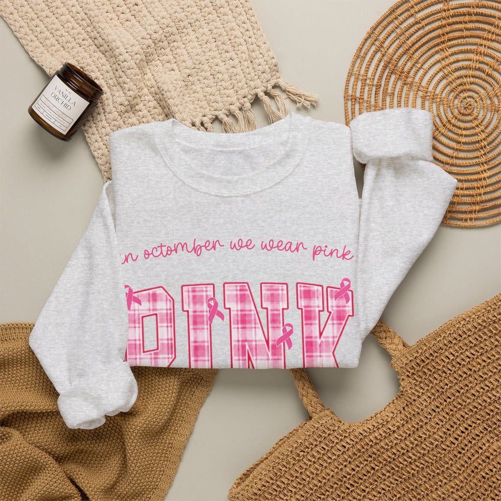 In October We Wear Pink Sweatshirt, Breast Cancer Awareness Top, Pink Plaid Design, Survivor Support Shirt, Pink Ribbon Top