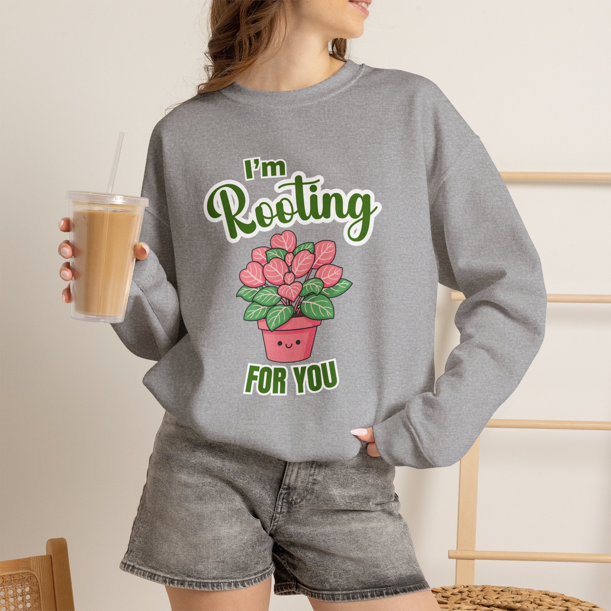 I'm Rooting For You Sweatshirt, Cute Plant Pun Crewneck, Encouragement Gift, Pink Heart Flower Shirt, Plant Lover Gift, Sand Sweatshirt