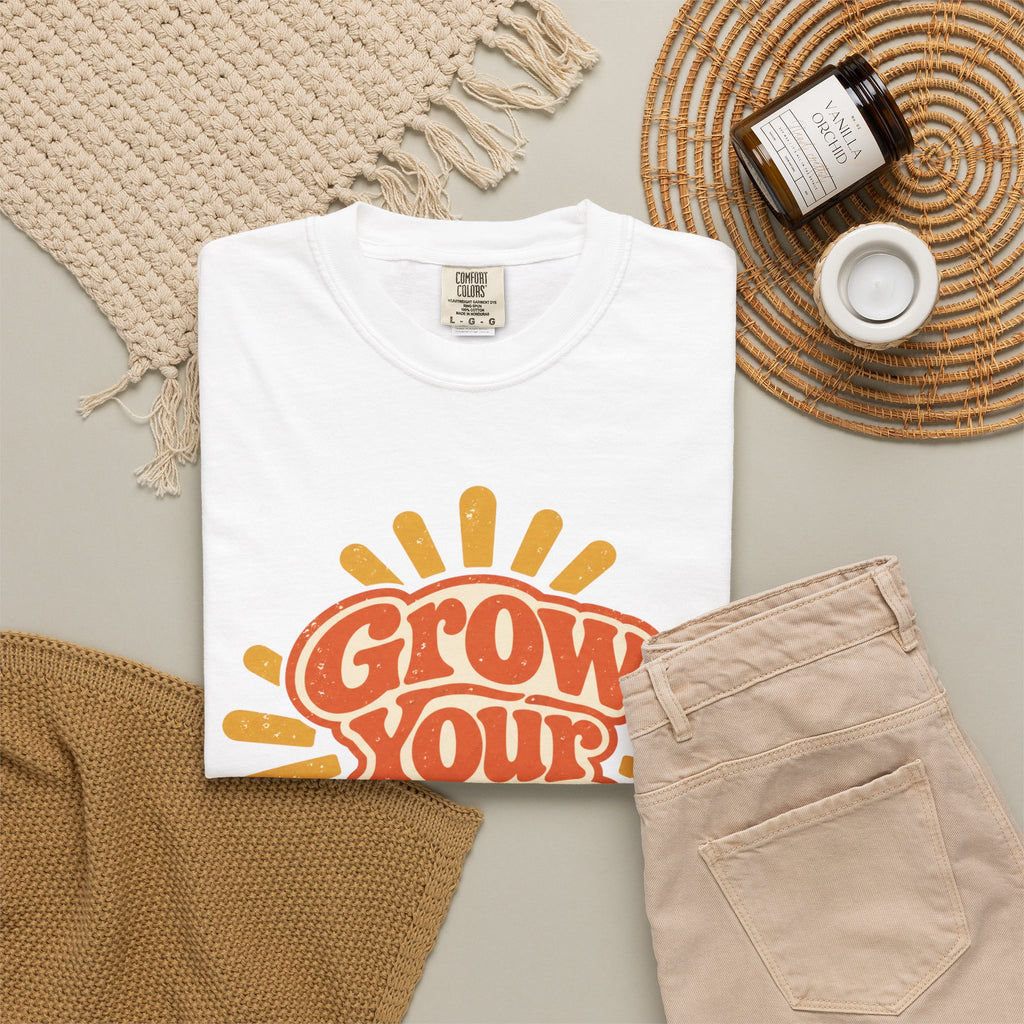 Comfort Color Grow Your Own Way Shirt, Retro Sunburst Graphic Tee, Boho Motivational T-Shirt, Positive Vibes Gift for Her, Inspirational