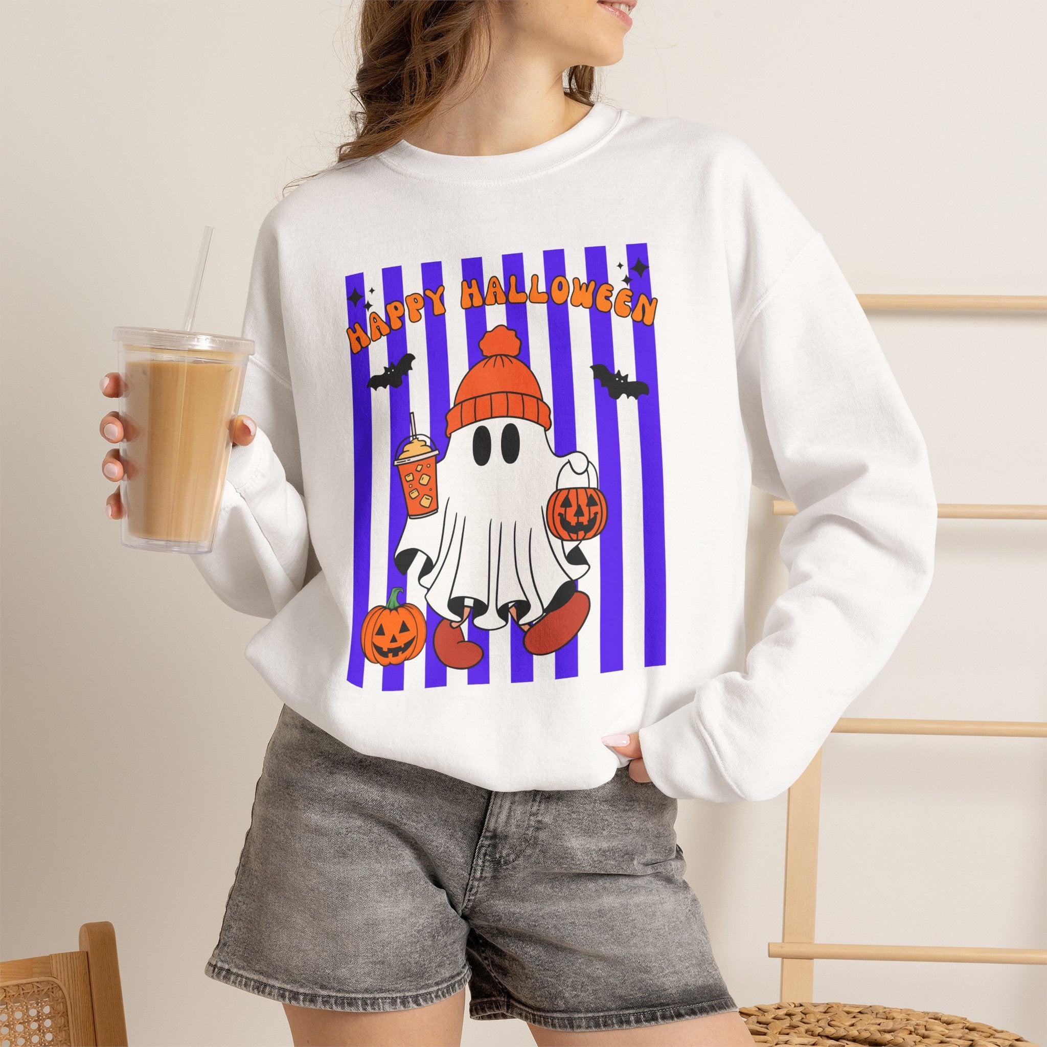 Boo Ghost Halloween Sweatshirt, Cute Ghost Pumpkin Striped Crewneck, Witch Hat Ghost Shirt, Fall Halloween Sweater, Halloween Gift