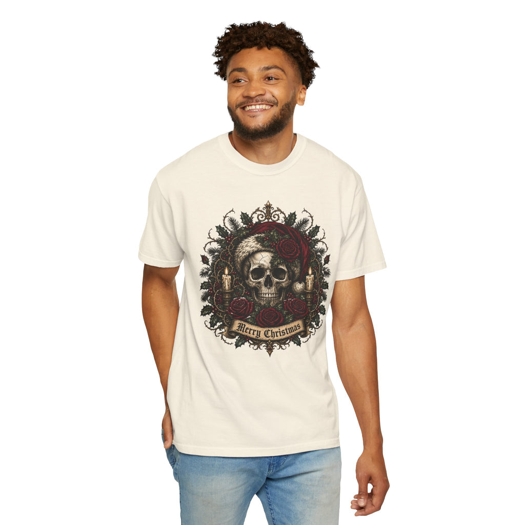 Gothic Skull Christmas Shirt, Dark Santa Skull Tee, Merry Christmas Skeleton Roses Shirt, Alternative Xmas Shirt, Punk Holiday Gift Tee