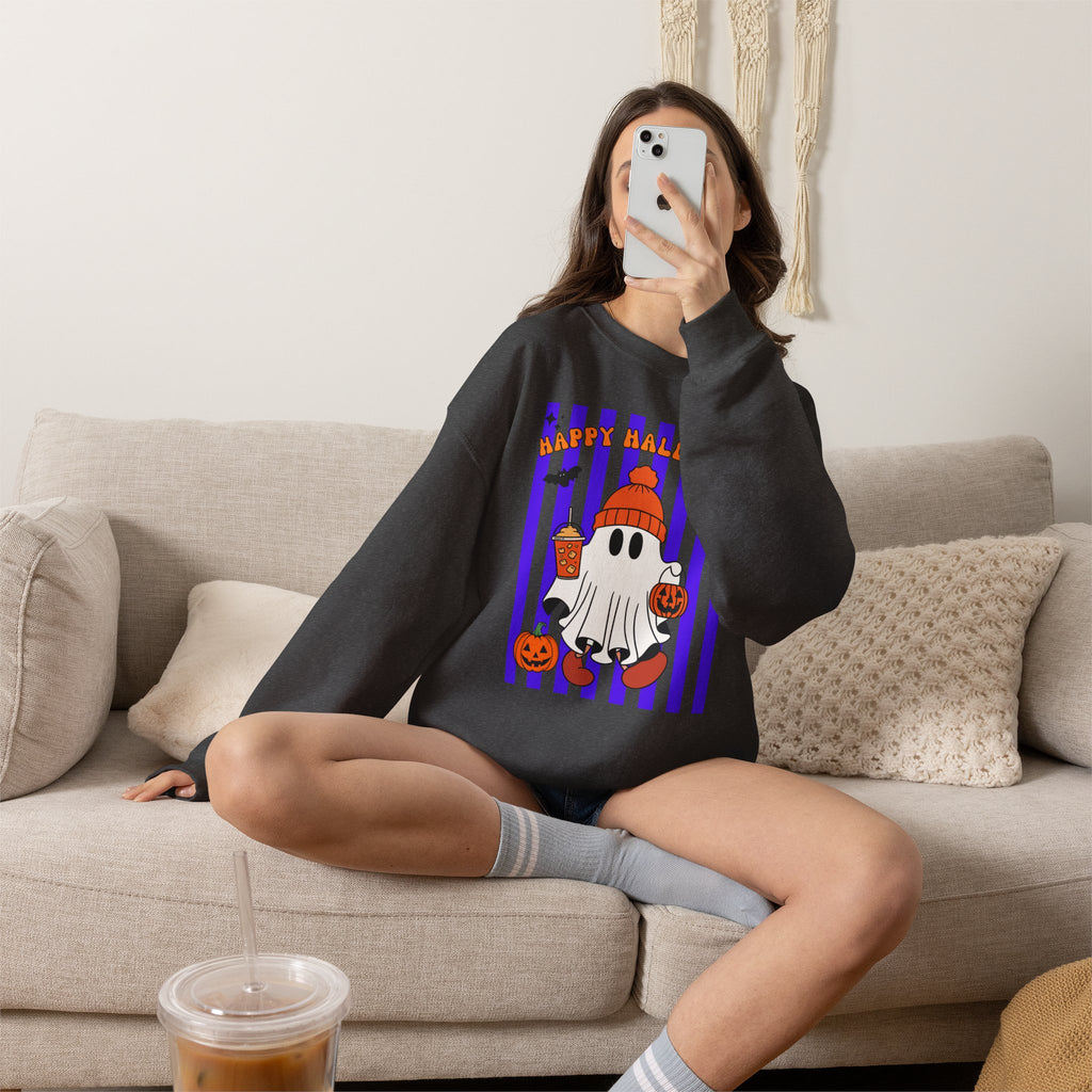 Boo Ghost Halloween Sweatshirt, Cute Ghost Pumpkin Striped Crewneck, Witch Hat Ghost Shirt, Fall Halloween Sweater, Halloween Gift