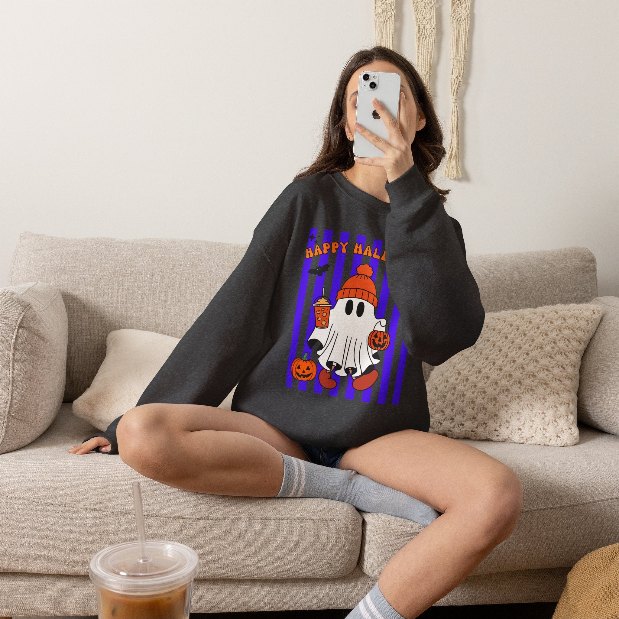 Boo Ghost Halloween Sweatshirt, Cute Ghost Pumpkin Striped Crewneck, Witch Hat Ghost Shirt, Fall Halloween Sweater, Halloween Gift
